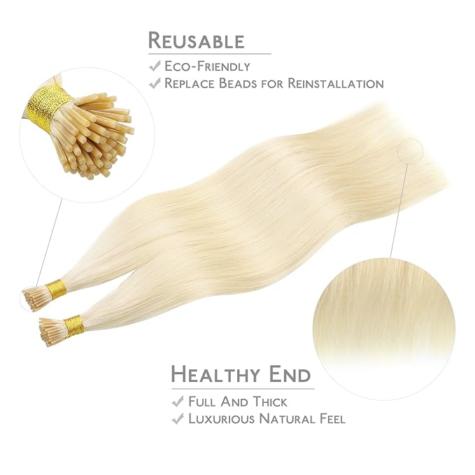 WENNALIFE I Tip Hair Extensions 20 Inch Platinum Blonde Remy Itip Human Hair, 100g 100s Invisible Straight Cold Fusion Extensions Real Human for Women