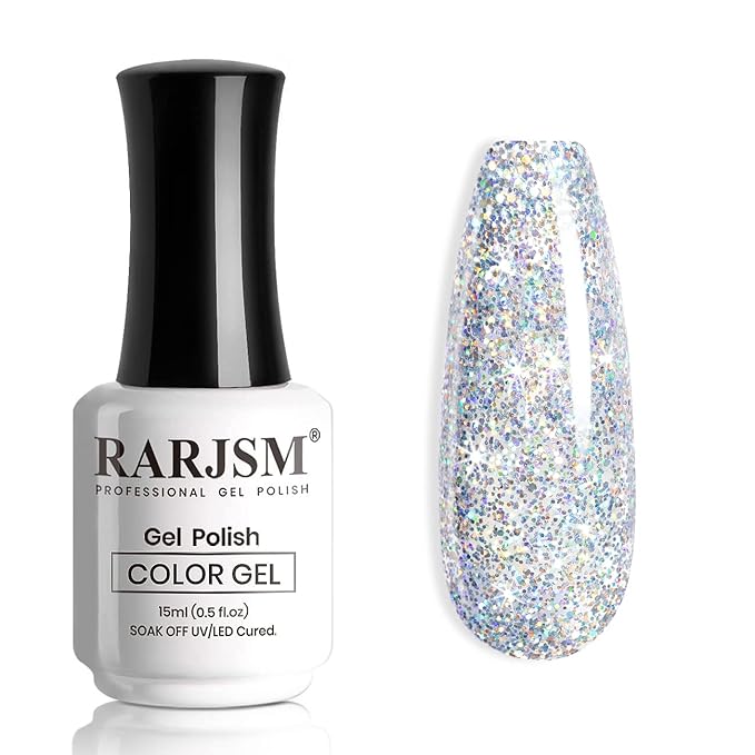 RARJSM Glitter Gel Nail Polish Silver Sparkly Iridescent Glitter Gelpolish 15ml Chunky Shimmer Holographic Rainbow Effect Soak off L e d U V Curing Required High Pigments for Salon DIY Manicure