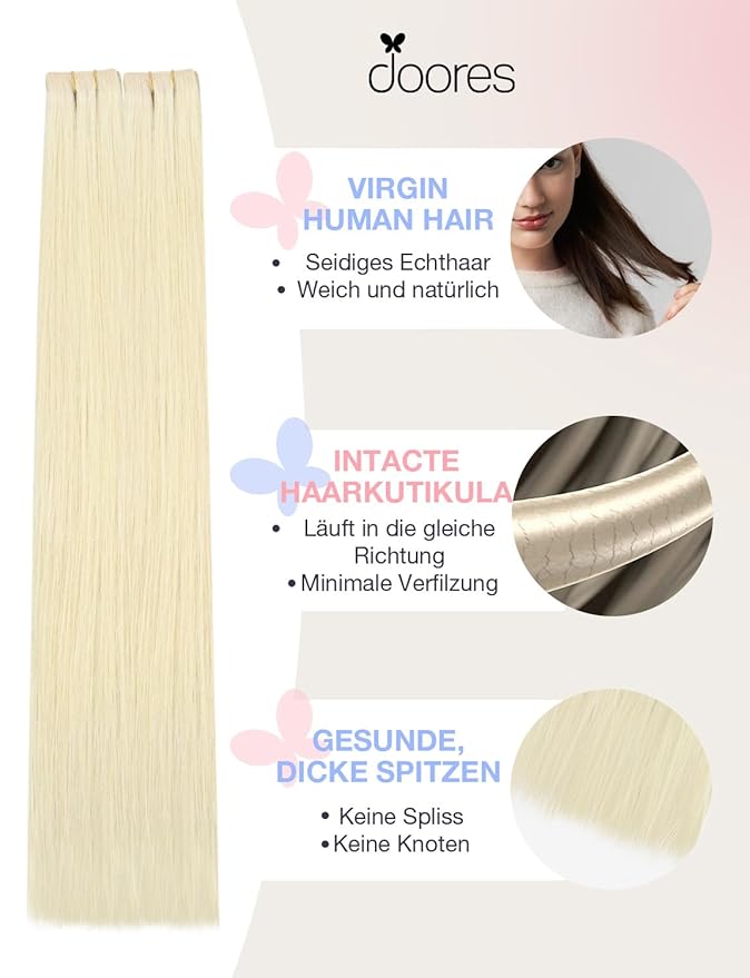 DOORES Invisi Edge Tape in Hair Extensions Human Hair, Platinum Blonde 10 Injection Tape-ins with 10 Injection Tape-ins 50g 18 Inch, Invisible Injected Tape in Extensions