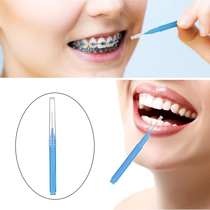 Patelai 100 Pieces Braces Brush for Cleaner Interdental Brush Toothpick Dental Tooth Flossing Head Oral Dental Hygiene Flosser Toothpick Cleaners Tooth Tool(Blue,Proper Size)
