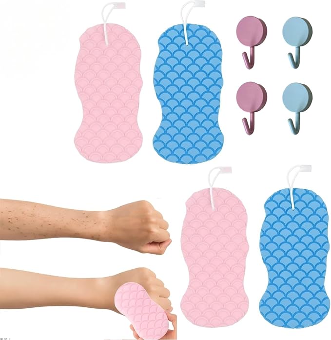 exfoliating Bath Sponge - 3D Super Soft Body Scrub Sponge for Dead Skin Removal, Reusable Skin-Friendly Exfoliator Also a Gentle Bath Sponge for Baby, for Adults, Kids & Pregnant Women (2Blue+2pink)