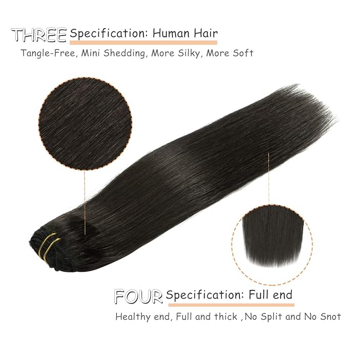 Caliee Clip in Hair Extensions Human Hair Color 1B Natural Black Real Hair Extensions Double Weft Lace Clip in Hair Extension Soft Silky 140G 7PCS 22Inch Straight Thick Hair