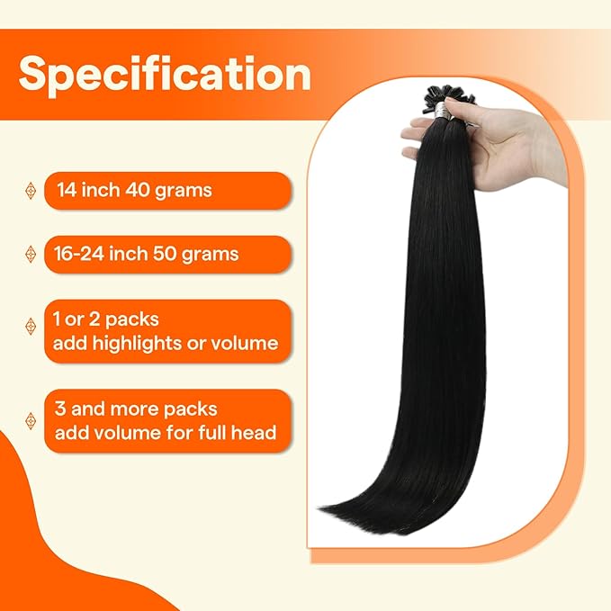 Full Shine U Tip Hair Extensions Human Hair 22 Inch Jet Black 50 Grams Keratin Hair Extensions Real Human Hair for Women Fusion Extensions Long Straight Hair add Length