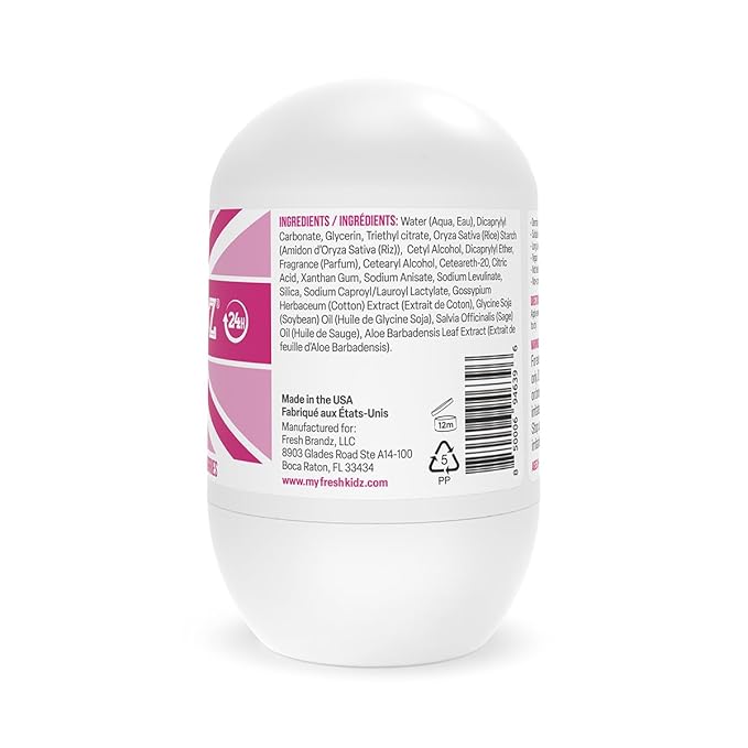 Fresh Kidz Roll On Deodorant for Kids and Teens - Baking Soda and Aluminum-free 24 Hour Protection for Sensitive Skin - Girls "Pink" 1.86 fl.oz. (2 Pack)