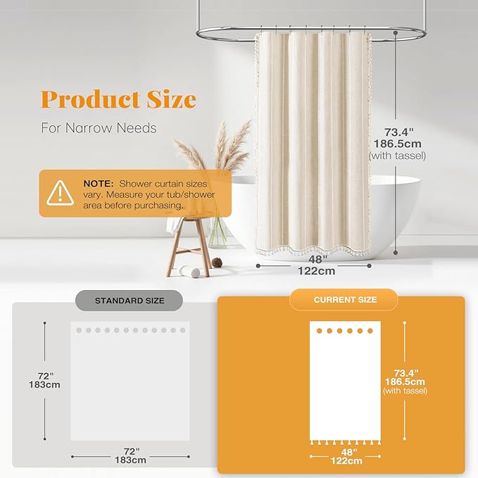 BTTN Boho Shower Stall Curtain - 48x72 Narrow Farmhouse Linen Ultra Thick Tassel Fabric Shower Curtain Set with 8 Hooks, Half Striped Camper RV Modern Country Shower Curtains for Bathroom, Cream/Beige