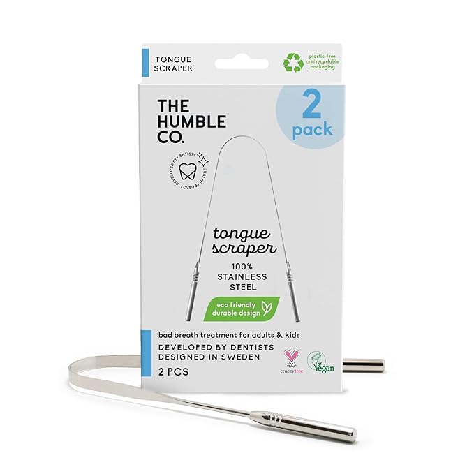 The Humble Co Tongue Scraper for Adults & Kids, 2 Pack - 100% Stainless Steel Tongue Cleaner Helps Eliminate Bad Breath & Bacteria - Dental Oral Care Products & Personal Hygiene Essentials