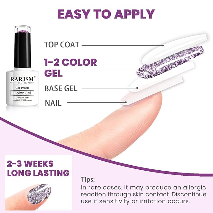 RARJSM Diamond Gel Nail Polish,Dark Purple Reflective Glitter Gelpolish,Sparkle Shiny Gel Nail Polish for Home Design Glitter Nail Art U V L E D Curing Reqired 7.5ml