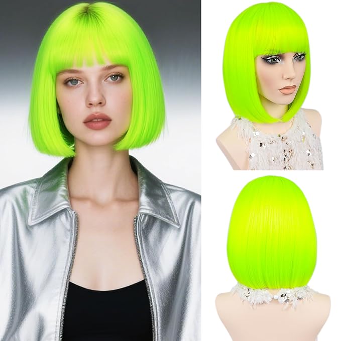 MAYSA Bob Wig with Bangs Green Wig 12inch Short Wigs for Women Synthetic Colorful Cosplay Party Wigs # Fluorescent Green
