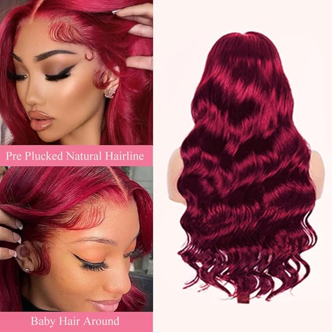 99j Burgundy Lace Front Wigs Human Hair 28 Inch 13x6 Body Wave HD Lace Front Wigs Pre Plucked with Baby Hair 200 Density Red Wigs for Women