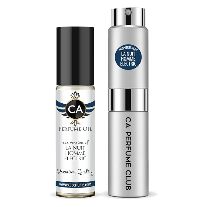 CA Perfume Duo Impression of La Nuit Homme Electric For Men Perfume Layering Set Mens Cologne Long Lasting Travel Size EDP + Body Oil Roll-On Bottle 0.27 Fl Oz+0.33 Fl Oz