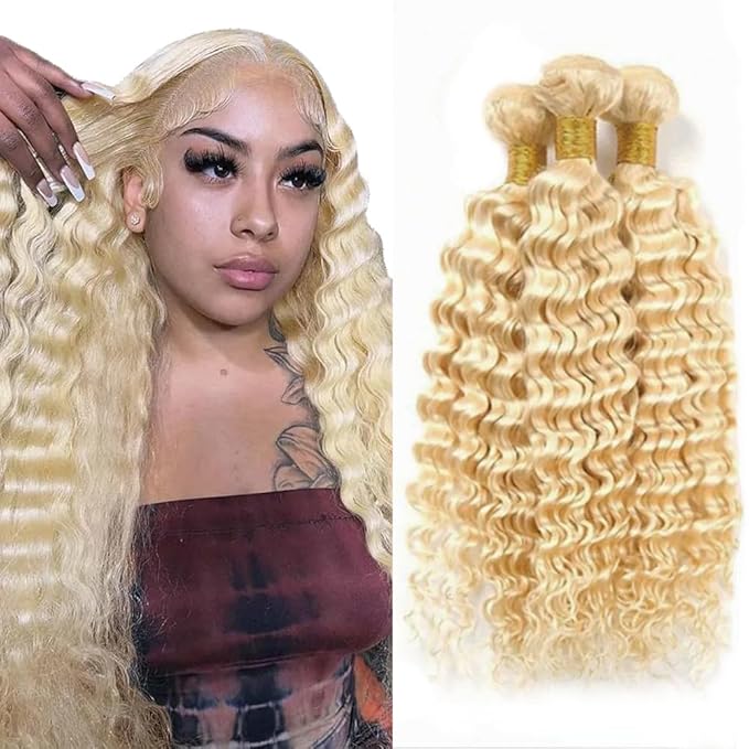 613 Bundles Human Hair Blonde Deep Wave Bundle 613 Deep Curly Human Hair Bundle 22 24 26 Inch Brazilian Unprocessed Virgin Hair 3 Bundles