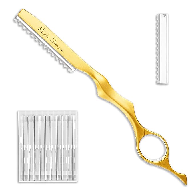 Hair Razors For Cutting Hair 7" Mental Thinning Styling Razors with 10 PCS Sharp Stainless Steel Blades Professional Styling Tool for Salon and Home (Gold)