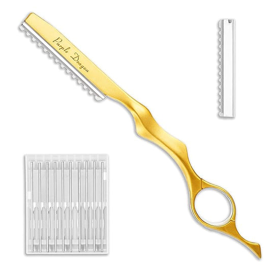 Hair Razors For Cutting Hair 7" Mental Thinning Styling Razors with 10 PCS Sharp Stainless Steel Blades Professional Styling Tool for Salon and Home (Gold)
