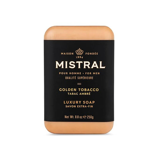 Mistral Golden Tobacco Luxury Bar Soap for Men | Men’s Natural Soap Bar | Paraben, Phthalates Free | Moisturizing & Triple-Milled Natural Soap for Men - Made in France | Large, 8.8 oz