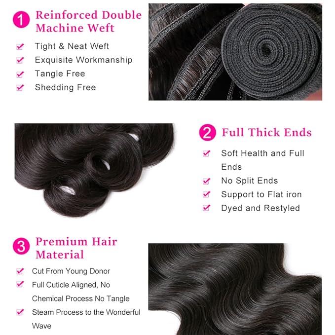 Body Wave Bundles With Lace Closure Brazilian Human Hair Body Wave 3 Bundles With Closure 100% Unprocessed Virgin Human Hair Bundles with 4X4 Free Part Lace Closure