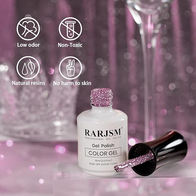 RARJSM Reflective Glitter Gel Nail Polish,Pink Sparkle Gel Nail Polish,Flash Diamond GelPolish Soak off UV LED Curing Requires 15ml Single Bottle for Home Salon Diy Nail Manicure Decoration