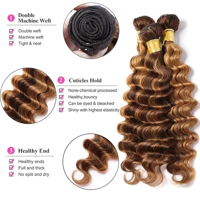 28 30 32 inch WuvuSnm P427 Human Hair Bundles Highlight Deep Wave Bundles Dark Brown Human Hair Bundle 150g