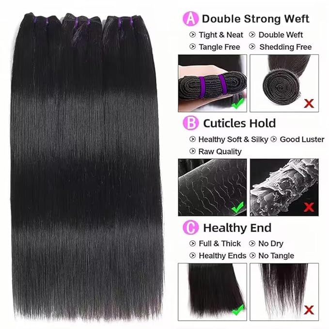 16A Straight Human Hair Bundles 100% Unprocessed Brazilian Virgin Hair Straight 3 Bundles Remy Hair Bundles for Black Women Natural Black