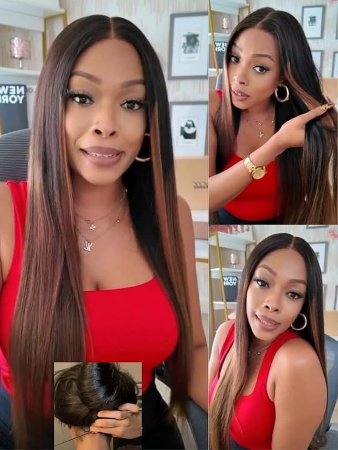 Nadula Chestnut Brown Ombre Yaki Straight Bye Bye Knots Glueless Wig Human Hair with Elastic Drawstring, Highlight Pre Cut 7x5 Invisible Knots HD Lace Front Wigs,Pre Everything Light Yaki Wig 24inch