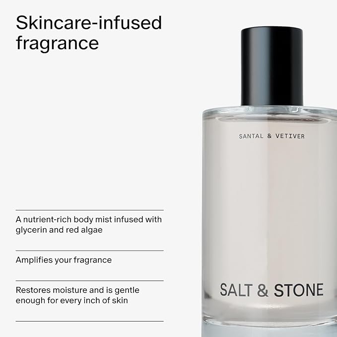 Salt & Stone Body Mist, Santal & Vetiver Scent, Skincare Infused Hair & Body Spray for Women and Men, Hydrating Fragrance with Glycerin and Red Algae, Vegan, Cruelty Free, 3.4 fl oz