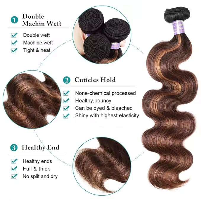 Color 30 Bundles Human Hair 4/30 Body Wave Bundles 22 Inch Peruvian Virgin Hair Soft And Shiny Highlight P4/30 Hair Extensions 50g