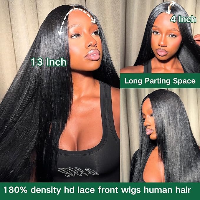 30 Inch 13x4 Lace Front Wigs Human Hair 180 Density Straight HD Lace Front Wigs Human Hair Pre Plucked 13x4 Lace Frontal Straight Human Hair Wigs for Women Glueless Wigs Human Hair (Natural Color)