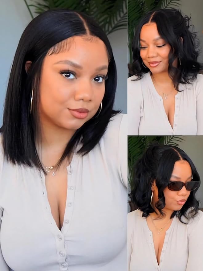 Julia Hair 14 Inch Yaki Straight Drawstring Wigs Human Hair Put On and Go Glueless Bob Wig 7x5 Bye Bye Knots Pre Plucked Pre-Cut Lace Closure Wig Beginner Friendly Black Short Yaki Bob Bleached Knots