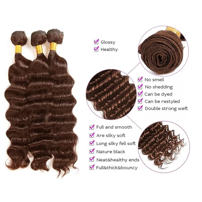 Color 4 Human Hair Bundles Brown Deep Wave Bundles Dark Brown Human Hair 1 Bundle 16 Inch #4 Deep Wave Bundle