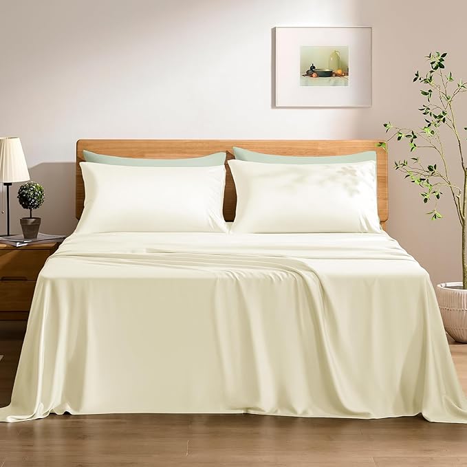 TOSMO Luxury Cooling Sheet Set - 100% Viscose from Bamboo, 4-Piece Bedding Set (Queen Size) - 18” Extra Deep Pockets, Oeko-Tex Certified, Silky Soft and Breathable, Vanilla Yellow