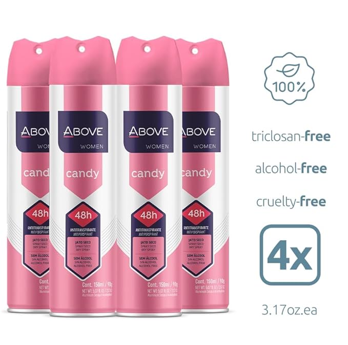 ABOVE Candy - 48 Hours Antiperspirant Deodorant Set for Women - Dry Spray Protects Against Sweat and Body Odor - Leaves No White Marks - Delicate Scent - Cruelty and Alcohol Free - 4 pc