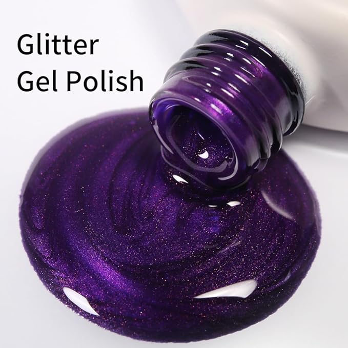 Purple Gel Polish Glitter Hema Free 0.34 OZ Same Color Same Top Cover Metal Purple Reflective Sparkle UV Polish Fall Winter Manicure Art DIY