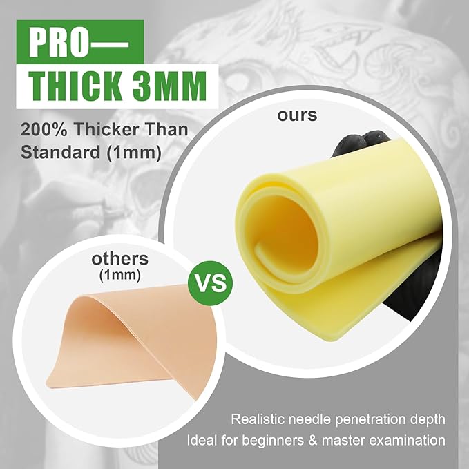 Professional Tattoo Practice Skin (3mm Thick Medical Silicone) - 5PCS 12"x8" Double-Sided Fake Skin, Realistic Texture & Reusable Tattoo Skin for Practice, with Luxury Gift Box for Artists