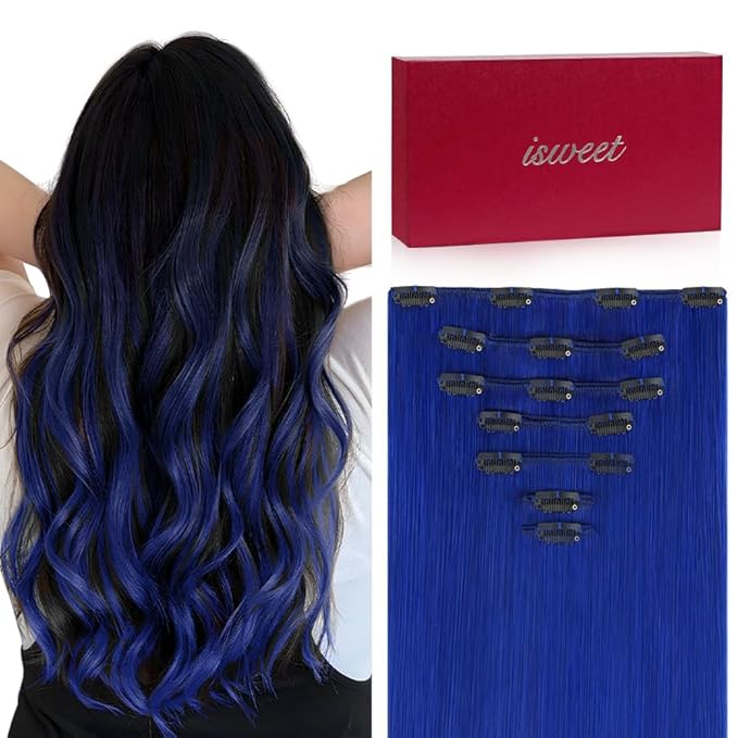 Straight Clip in Hair Extensions Real Human Hair, 7Pcs 14 Inch 95g Blue Invisible Natural Soft Remy Human Hair Extension Clip ins, Double Weft Hair Extensions Real Human Hair for Women