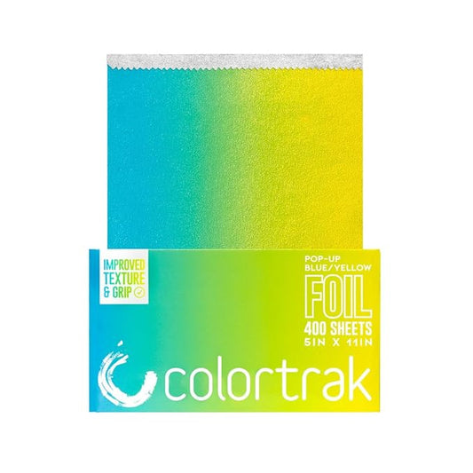 Colortrak Blue/Yellow Gradient Pop-up Foil w/Dispenser (400 Count), Pre-cut Sheets, Non-Slip Embossed Texture, 5" x 10.75" Sheets for Hair Foil Coloring and Highlighting Sheet Applications