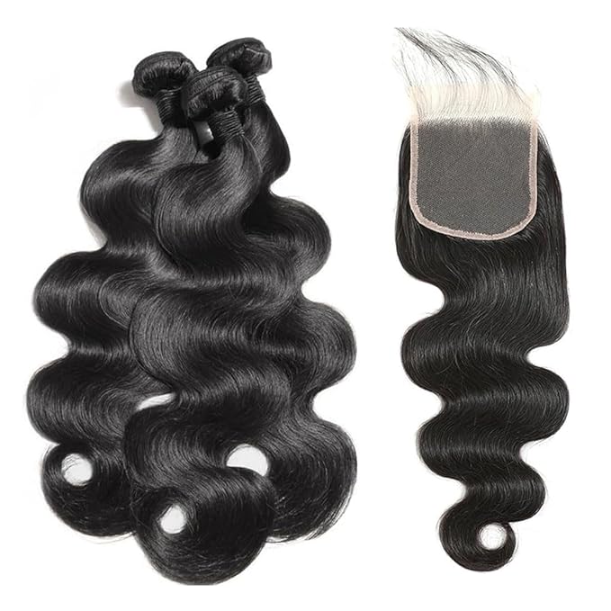 12A Human Hair Bundles with Closure 18 20 22+16 Inch Body Wave Bundles Human Hair Unprocessed Brazilian Virgin Hair Bundles with 4x4 Lace Closure for Women Natural Color