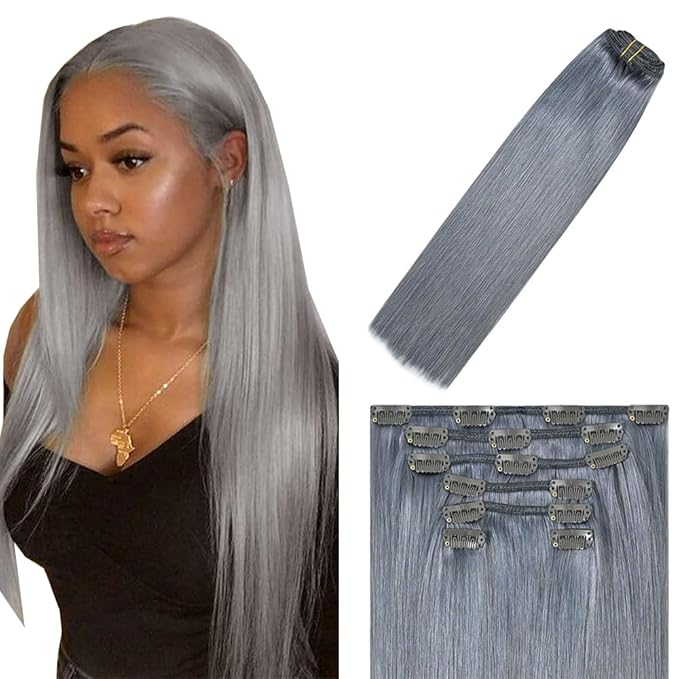14 Inch Grey Clip in Hair Extensions - Real Remy Human Hair, 120g 7pcs, Silver Grey Human Hair Extensions Clip ins for Women
