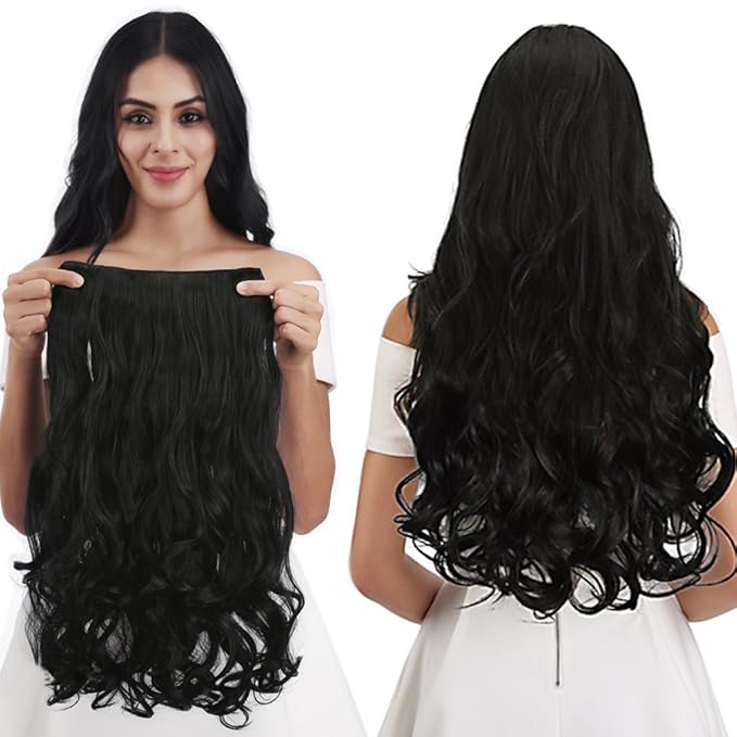 REECHO 16" 1-Pack 3/4 Full Head Curly Wavy Clips in on Synthetic Hair Extensions HE008 Hairpieces for Women 5 Clips 3.9 Oz per Piece - Natural Black