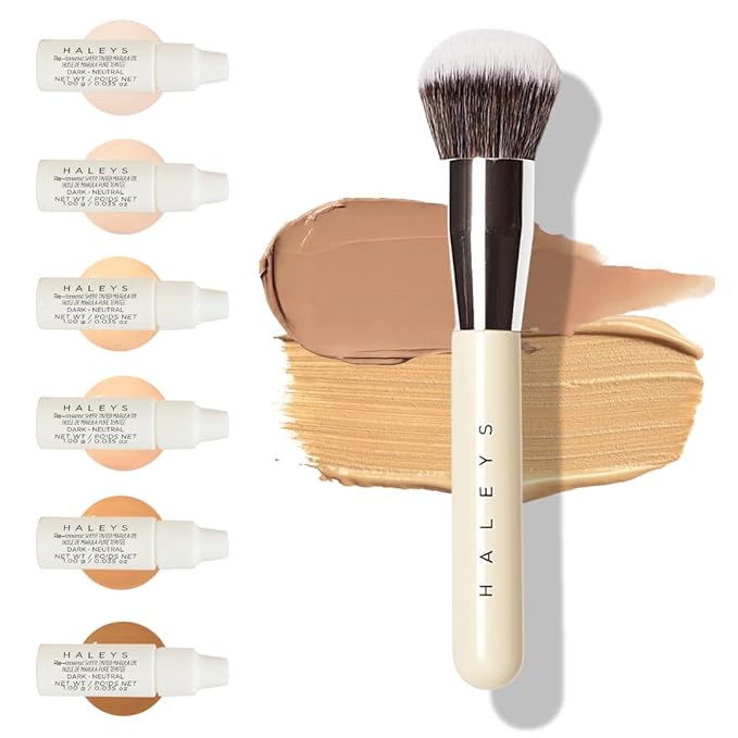 HALEYS Kabuki Makeup Brush + 6 Free Mini Skin Tint Foundations – Vegan Blending Brush for Liquid, Cream & Powder, Flawless Airbrushed Base Kit for Travel and Gifting