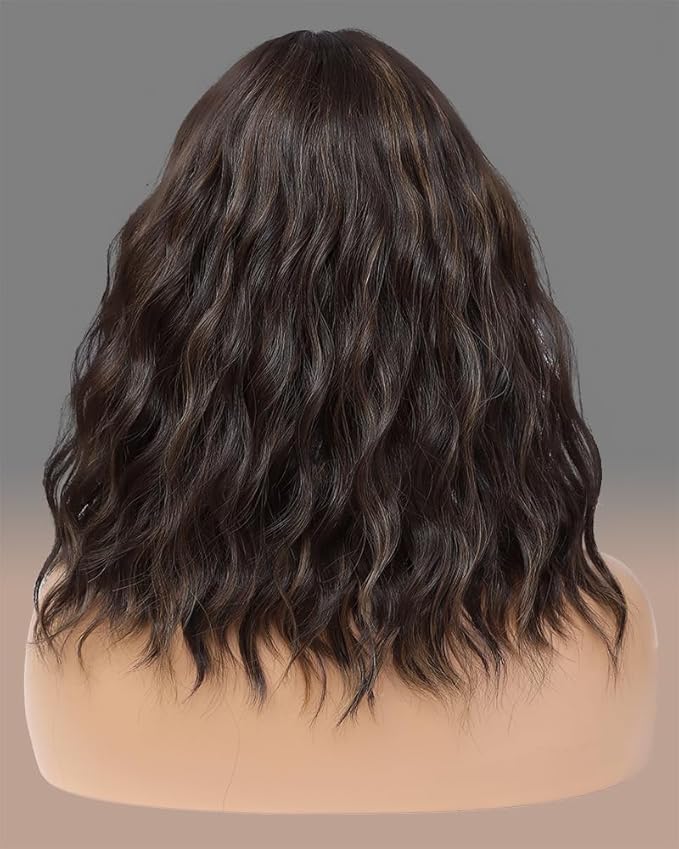 WAVE&BREEZE Short Brown Wavy Wigs with Bangs 14Inch Blonde Highlight Curly Bob Wig for Women Shoulder Length Natural Looking Hair Replacement Wig for Daily Party Use Cosplay Costume Halloween Wig