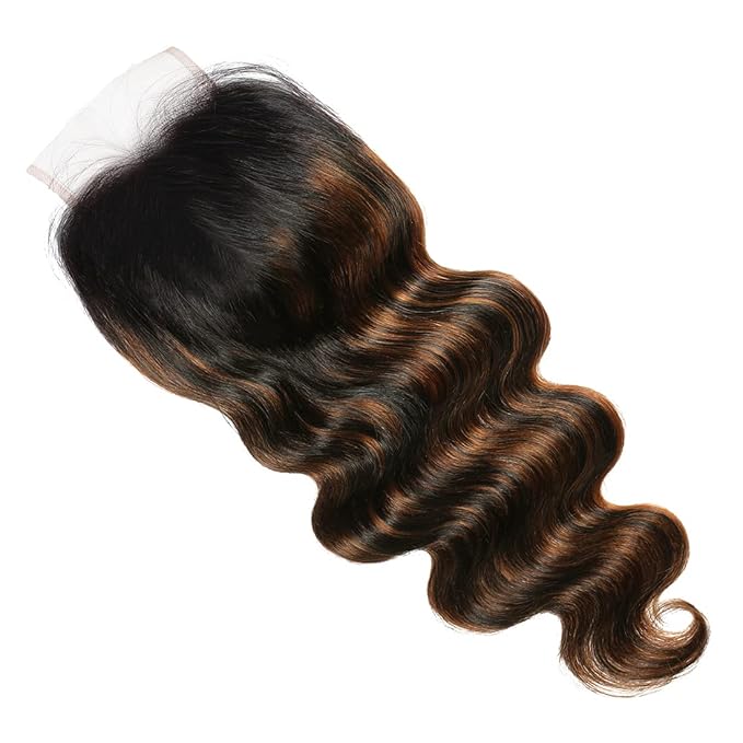 UNICE Ombre Highlight Body Wave 4x4 Lace Closure Free Part, Brown Human Hair Wavy Closure with Dark Roots FB30 Color 20 inch