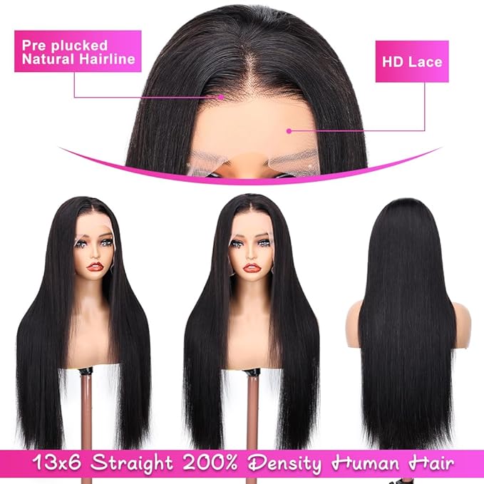 13x6 Straight Lace Front Wigs Human Hair 200% Density Straight Wigs Human Hair For Women HD Transparent Lace Straight Wigs Pre Plucked 24 Inch