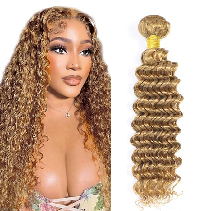 24 26 28 Inch Blonde Bundles Human Hair #27 Honey Blonde Deep Wave 3 Bundle Unprocessed Brazilian virgin hair Weave Extensions Double Weft 50 Grams/Bundle Colored Blonde Bundles for Woman