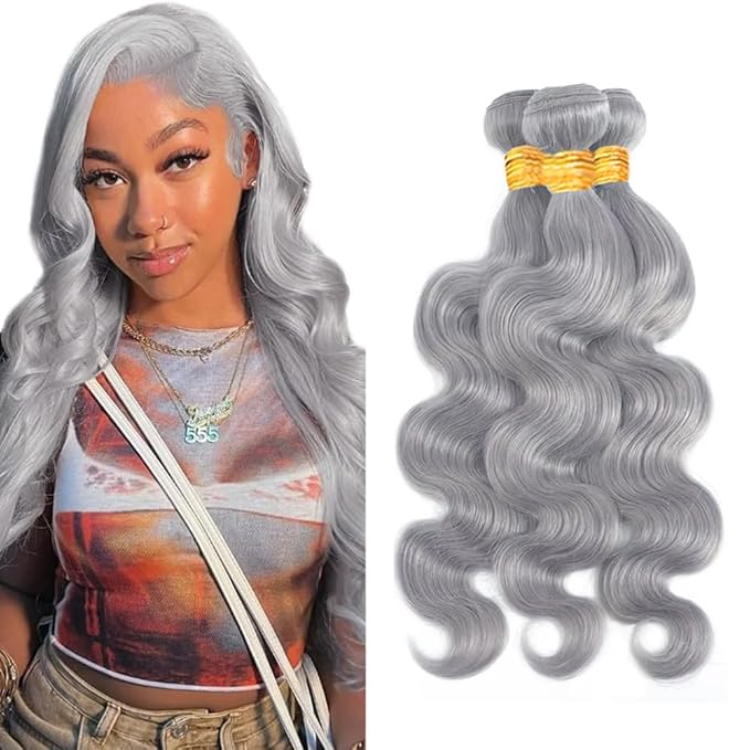 30 32 34 inch Grey Human Hair Bundles Silver Body Wave Bundles Gray Body Wave Bundle