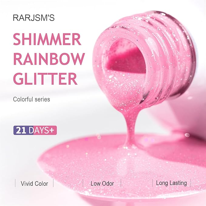 RARJSM Nude Hot Pink Iridescent Gel Nail Polish - Sheer Bright Neon Pink Glitter Jelly Gel Polish - Neutral Shimmery Summer Color Sparkle Rainbow Pigment - 15ml Soak off Cured Need for Home Salon DIY
