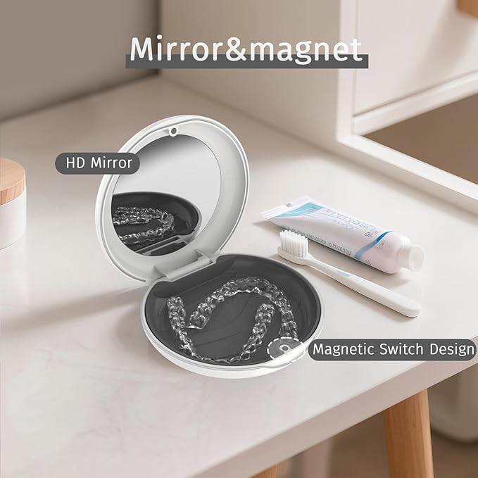2Pack Retainer Case with Mirror, Compatible with Invisalign, Orthodontic Aligner Case with Removal Tool and Brush, White