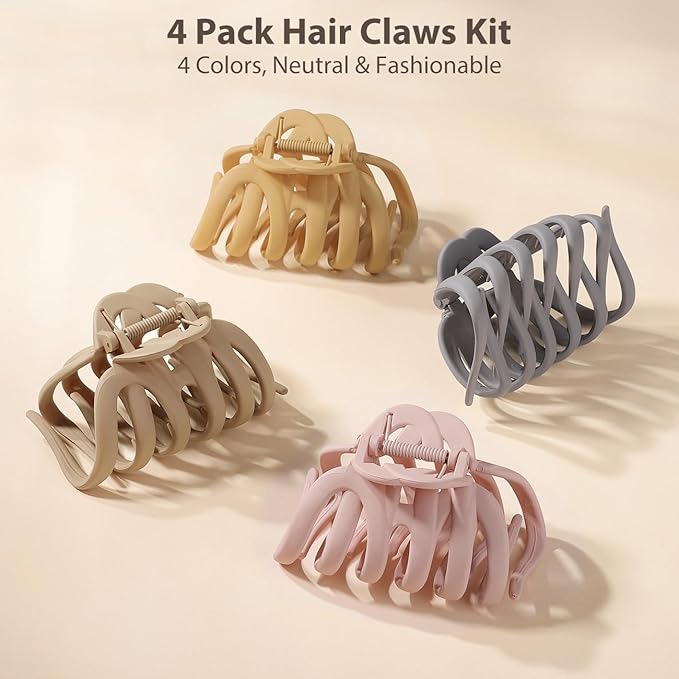 Shinowa 4 Pack Hair Claw Clips, Large Hair Clips Set for Thick Hair, 4 Neutral Colors Octopus Thick Hair Claws for Women, Non-slip Claws Jaw Clips Set Strong Hold for Girls Long Hair, Set C