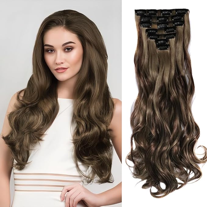 22 Inch Clip In Hair Extensions 7 PCS Long Wavy Synthetic Black Hair Extension & Natural Soft Invisible Clip Thick Hairpieces for Women Daily(20Inch, 7pcs, Copper Brown)