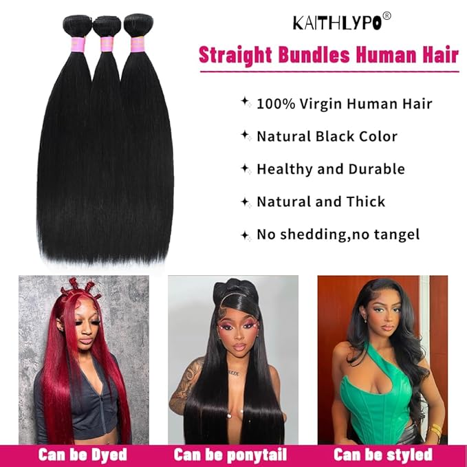 Straight Hair Bundles Human Hair 20 22 24 Inch 3 Bundles 12A Grade 100% Unprocessed Double Weft Weave Bundles Human Hair for Black Women Natural Color