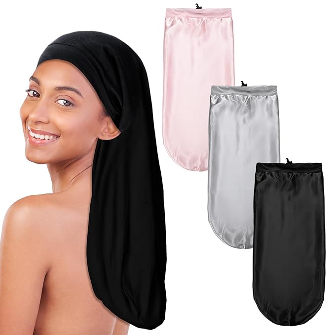 Mepase 3pcs 27” Extra Long Silk Satin Bonnet for Women Double Layered Long Bonnet for Braids Curly Hair Dreadlocks for Curly Sleeping Large Silk Sleep Cap for Black Women Frizzy Hair