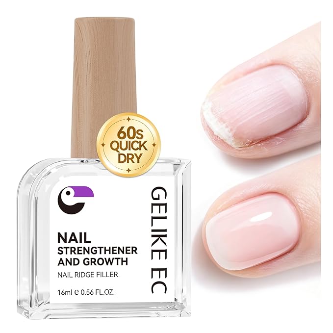Gelike EC Nail Strengthener and Growth for Women: Clear Nail Hardener for Damaged Weak Peeling Nails – 60s Quick Dry Protein Repair Base Coat – Long Lasting High Shine Daily Home Care 16ml
